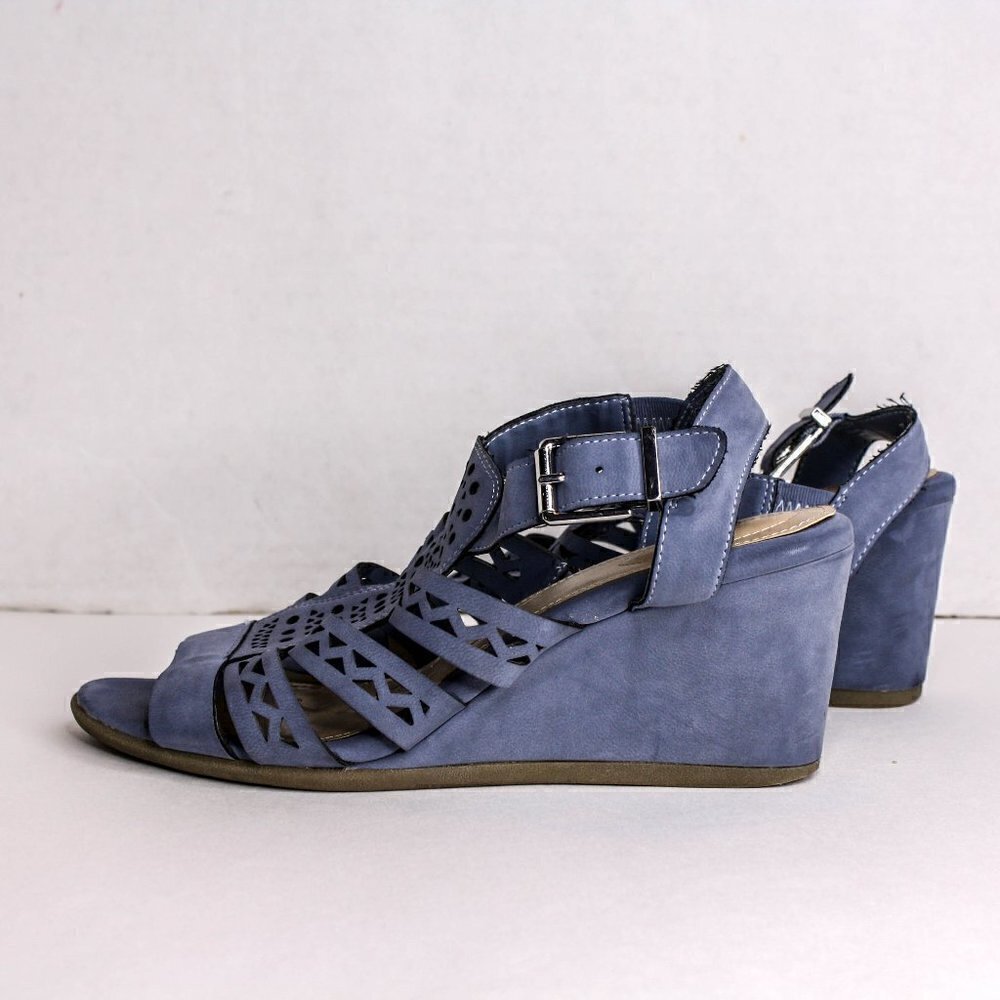 Giani Bernini Wedge Sandals Strappy Cut Out Blue Gray Suede Leather Size…
